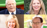 Clockwise from top left: PC leader and Premier Doug Ford; NDP leader Marit Stiles; Green party leader Mike Schreiner; and Liberal leader Bonnie Crombie. Ford is to officially launch the Ontario election Wednesday. POSTMEDIA